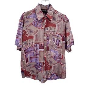 Vintage Colore Italia 100% silk shirt mens M button front geometric short sleeve